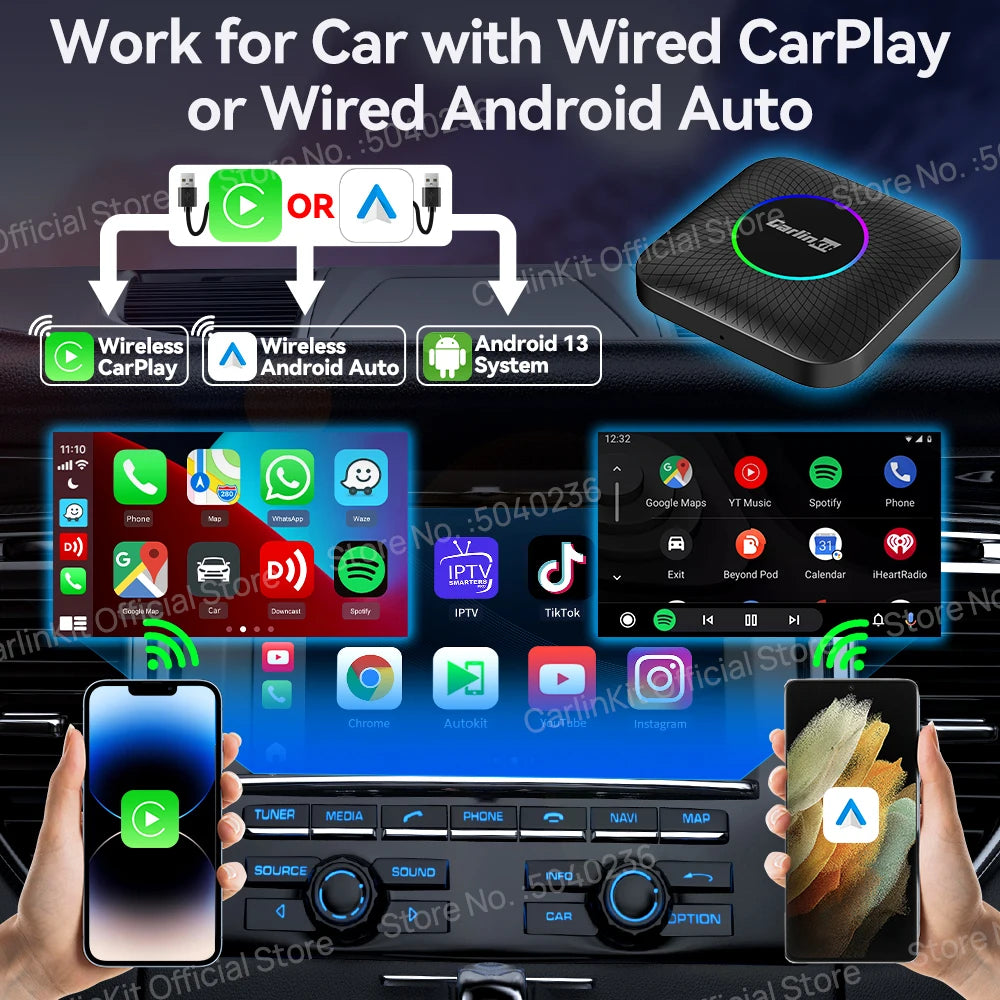 CarlinKit Android 13 SDM660 6225 CarPlay Ai Box LED 8-Cores Wireless Android Auto& CarPlay Car USB Adapter 64G 128G FOTA Upgrade
