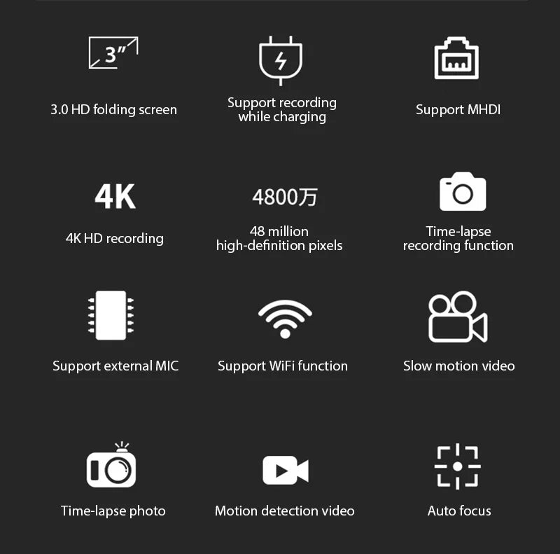 4K HD Professional Digital Camera Camcorder WIFI Webcam Wide Angle 16X Digital Zoom 48MP Photography 3 Inch Flip Screen Recorder