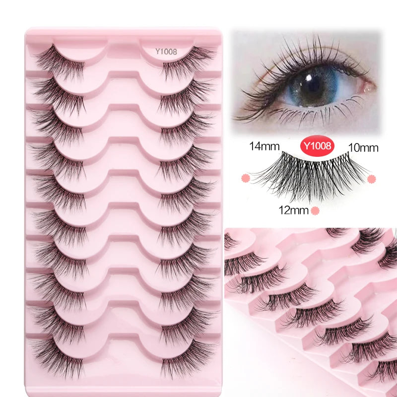 3/5/10Pairs Half False Lashes Natural Short 3D Cat Fake Mink Eyelashes Extension Winged Fluffy Wispy Faux Cils Clear Band Makeup