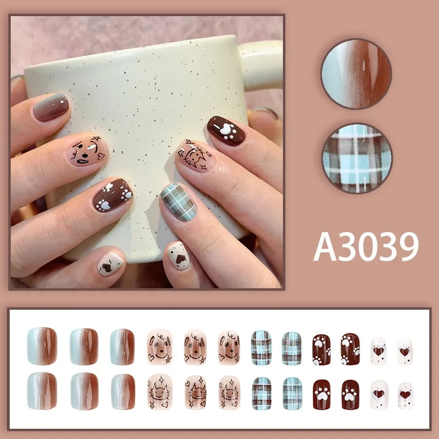 Watercolor Rose Fake Nail with Jelly sticker Press on False Nails Wearable Round Head Oval Full Cover Nail Tips
