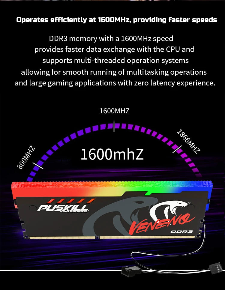 PUSKILL Memoria RAM RGB DDR3 8GBx2 1600MHz 12800S Udimm Dual Channel DIMM Desktop Memory Rams