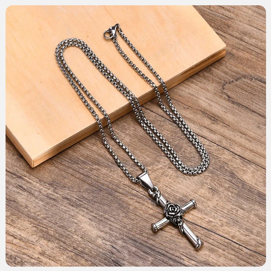 Vnox Men Cross Necklace, Stainless Steel Rose Cross Pendant with Box Chain, Unisex Cool Crucifix Jesus Faith Aesthetic Collar