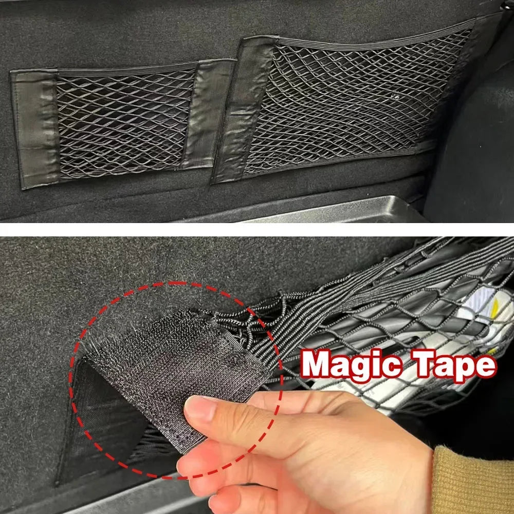 Car Back Rear Trunk Organizer Net Universal Seat Elastic Storage Mesh Tape Magic Sticker Auto Rear Trunk Bag for Stowing Tidying