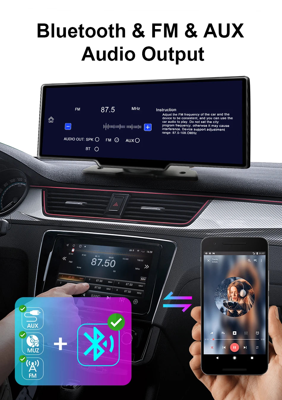 10.26" Car DVR Carplay Android Auto Dashcam 4K 3840*2160 Front And 1080P Rear Camera Voice Control BT FM GPS Recorder Dual lens