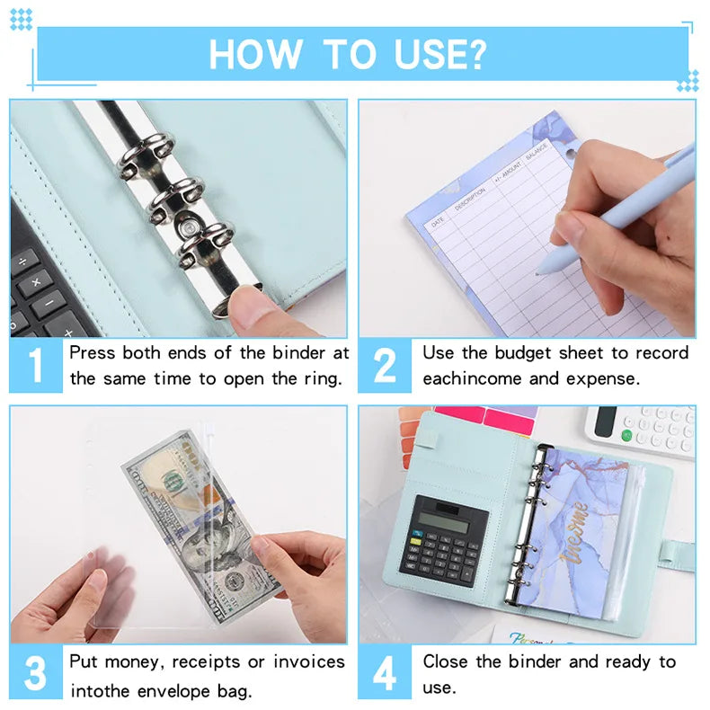 A6 Marble with Calculator Money Budget Planner Binder Zipper EnvelopesCash Envelopes For Budgeting Money Organizer Binde