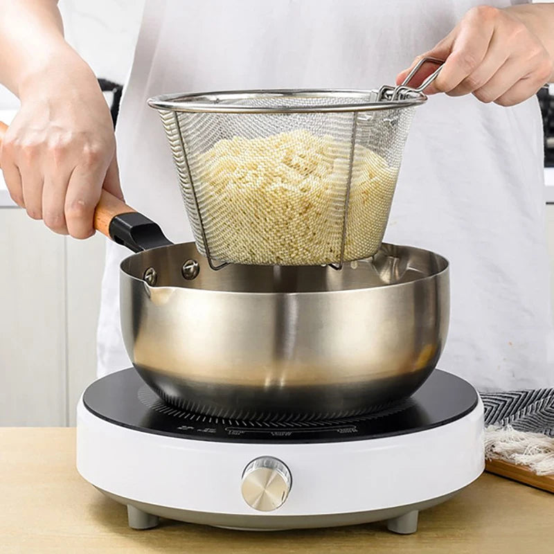 French Chip Frying Strainer Basket Stainless Steel Deep Fry Basket Kitchen Round Fryer Wire Mesh With Handle Wire Colander Nets