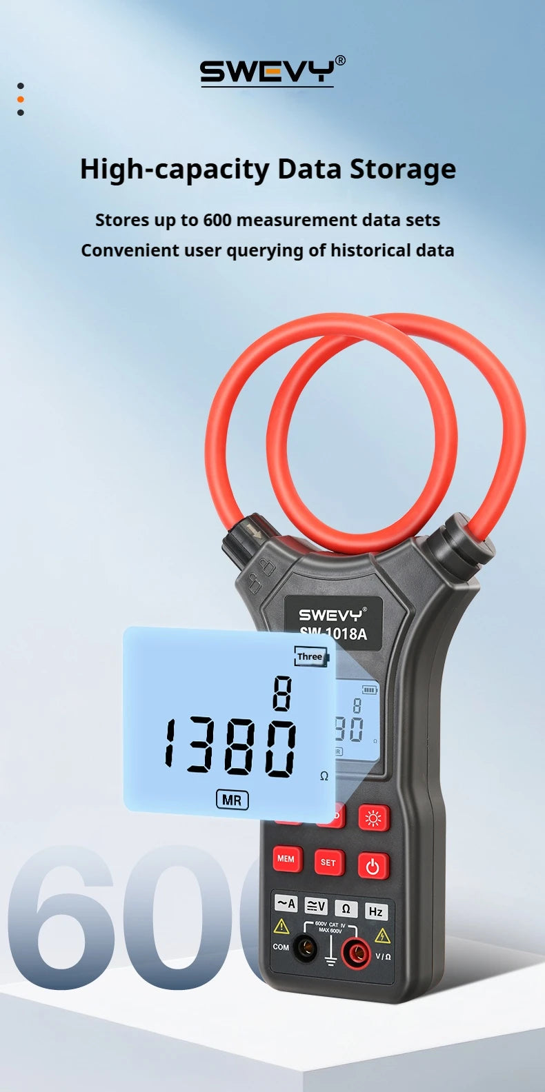 SWEVY SW1018A LCD Backlight Digital Flexible Current Clamp 0 mA - 9999A AC/DC Voltage, AC Current, and Resistance Test Multimete