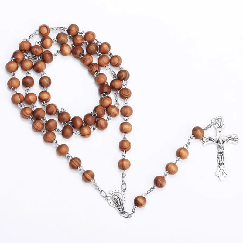 8MM Wood Rosary Beads Necklace For Women Men Catholic Jesus Christ On INRI Cross Crucifix Pendant Long Chain Religious Jewelry