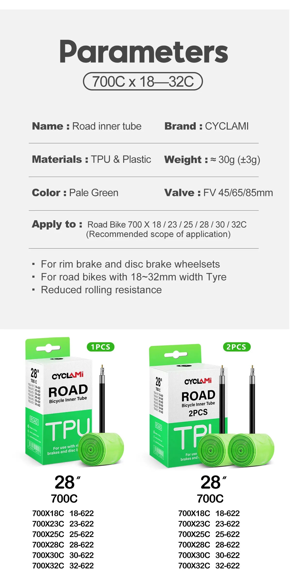 CYCLAMI TPU Material Ultralight Bike Inner Tube 700C 18 32 Road MTB Bicycle Tire 45 65 mm Length French Valve Tyre Repair Tools