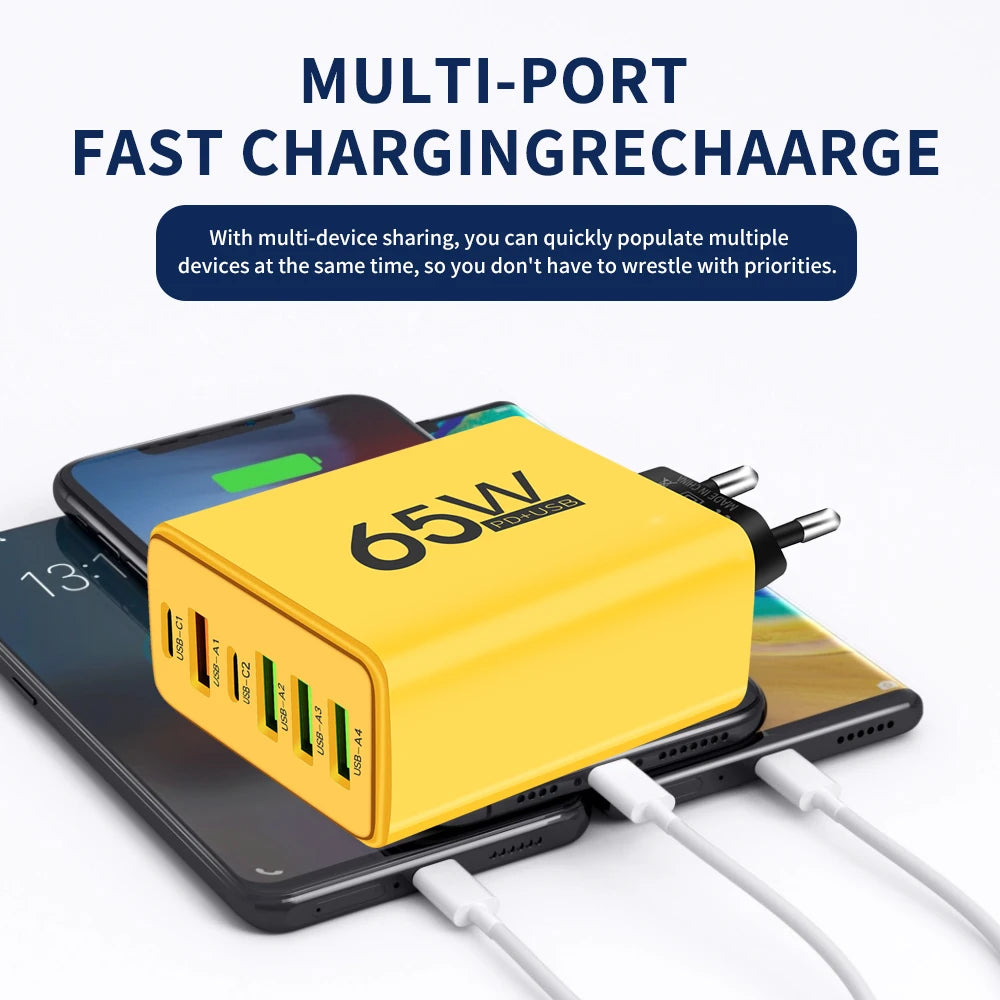 Total 65W USB C Charger 6 Ports USB Type C PD Fast Charging Adapter for iPhone15 Xiaomi Huawei Samsung Phone High Speed Charging