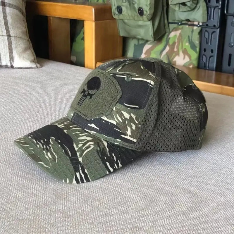 2024 New Summer Camouflage Skull Baseball Mesh Cap Adjustable Airsoft Outdoor Tactical Hiking Casquette Hats For Men Women