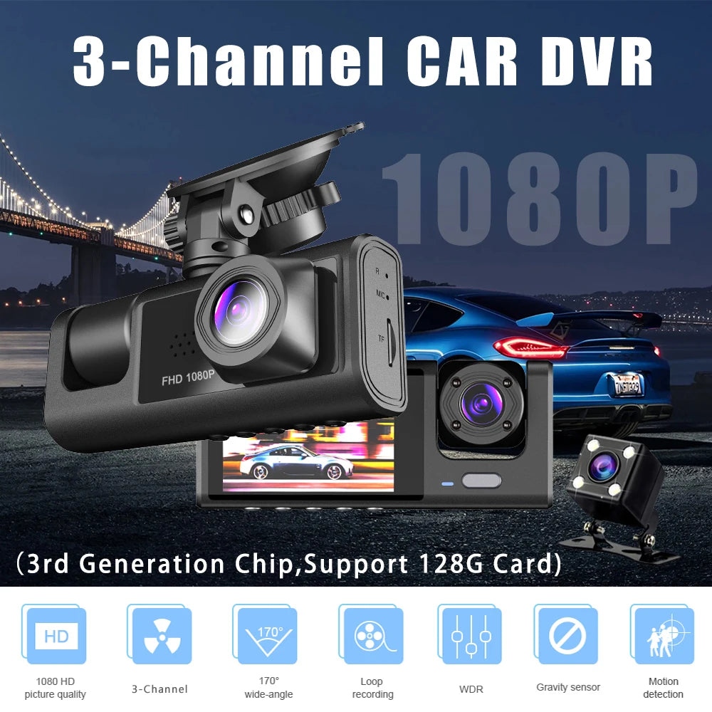 3 Channel Car DVR HD 1080P 3 Lens Inside Vehicle Dash Cam Three Way Camera DVR Recorder Video Registrator Dashcam Camcorder