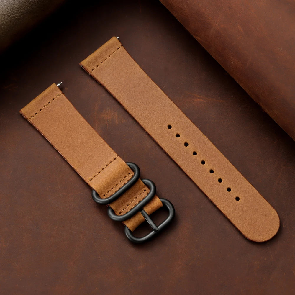 20mm 22mm Crazy Horse Leather Watch Band Black Ring Buckle Strap for Samsung Galaxy Watch 7/6/5/4 for Huawei Watch GT 5-4-3-pro