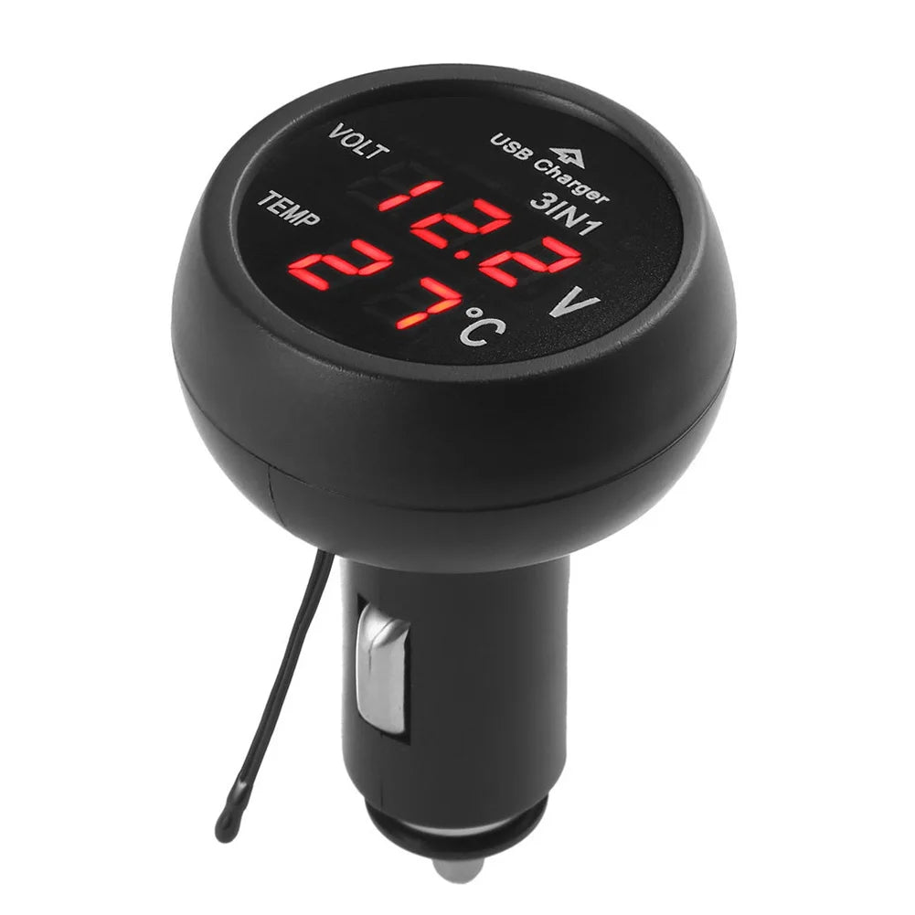 3 in 1 12/24V Car Auto LED Digital Voltmeter Gauge Thermometer USB Charger Monitor Display Charging for Phone Tablet GPS