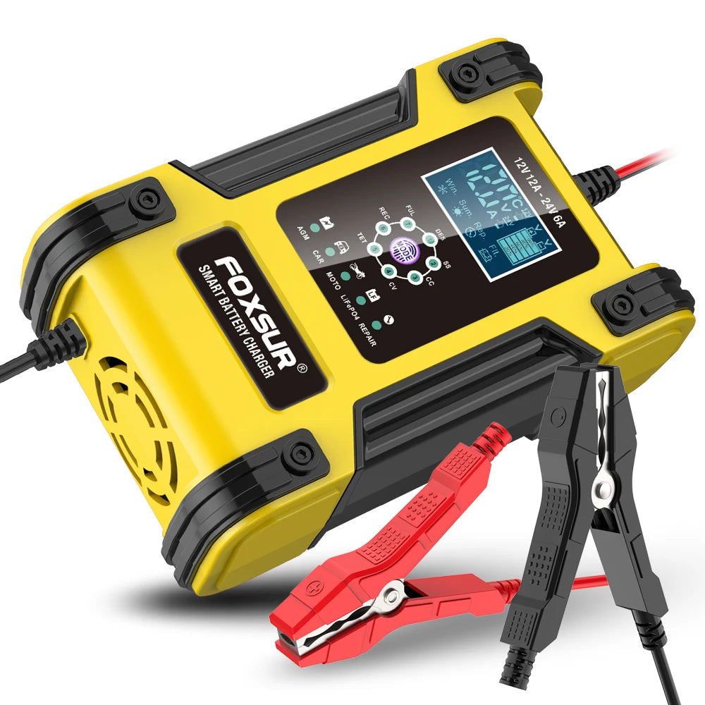 Foxsur Full Automatic Car Battery Charger 12V 12A Digital Display Battery Charger Power Pulse Repair Chargers Wet Dry Lead Acid