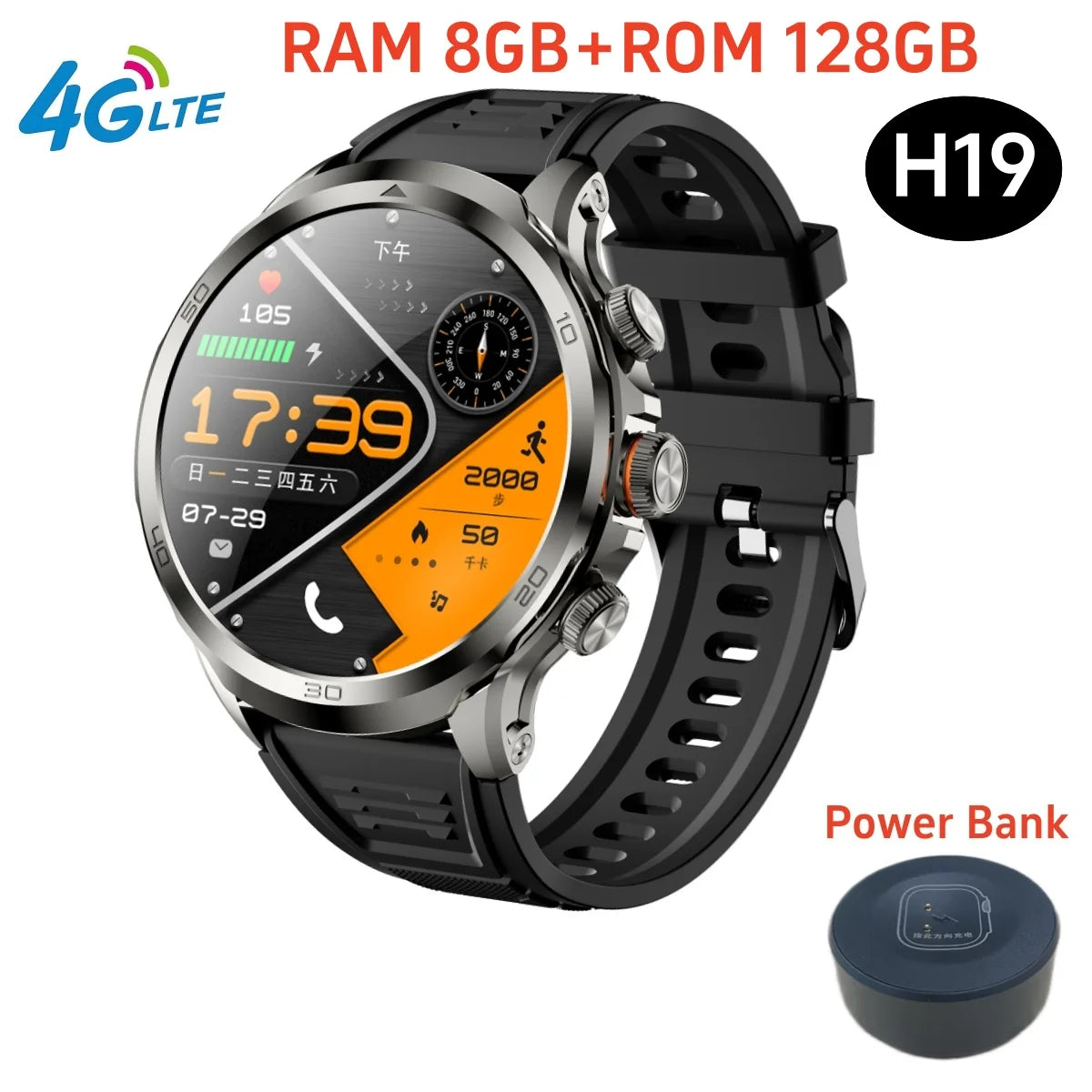Original H19 4G Full Netcom 128GB Smartwatch Android 9.0 With Power Bank 1.95 inch Amoled Screen Camera GPS WIFI Smart Watch Men