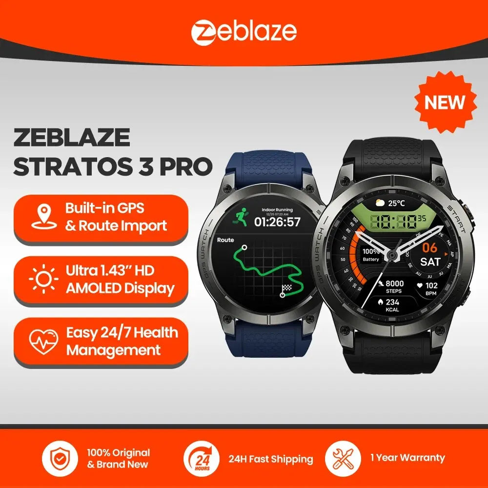 New Zeblaze Stratos 3 PRO GPS Smart Watch 1.43” HD AMOLED Display Built-in GPS Bluetooth Phone Calls Sports Smartwatch for Men