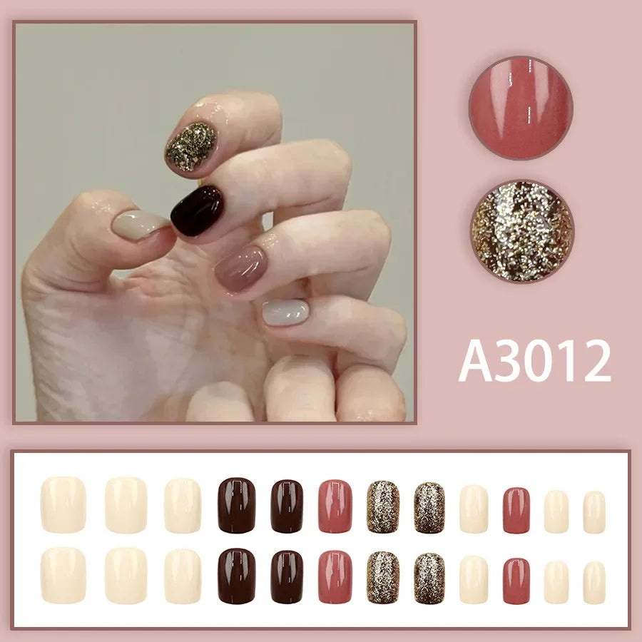 Watercolor Rose Fake Nail with Jelly sticker Press on False Nails Wearable Round Head Oval Full Cover Nail Tips