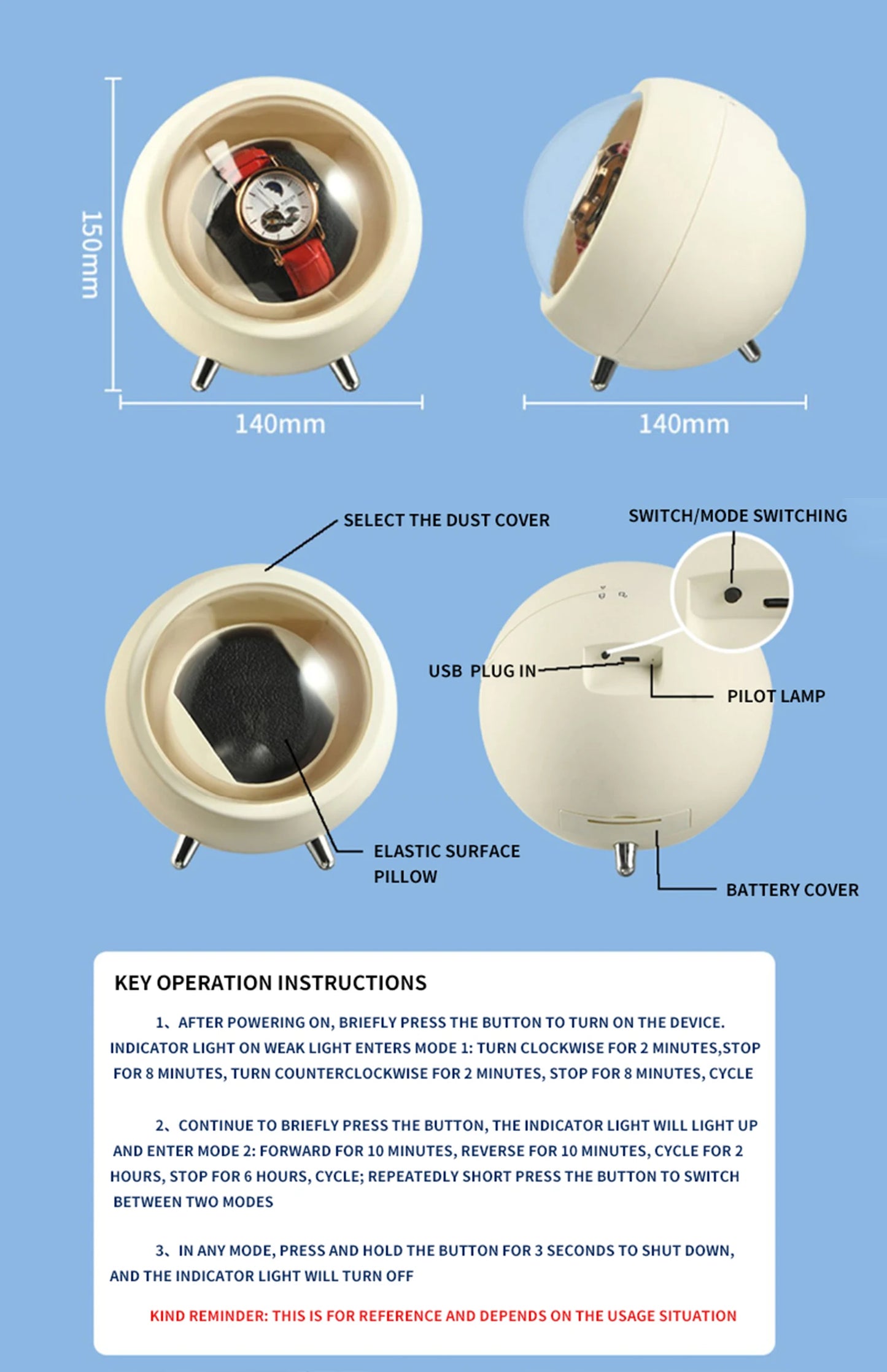 IBBETON Single Watch Winder for Automatic Watches Storage Box Automatic Winder Use USB Cable / with Battery Mabuchi Mute Motro