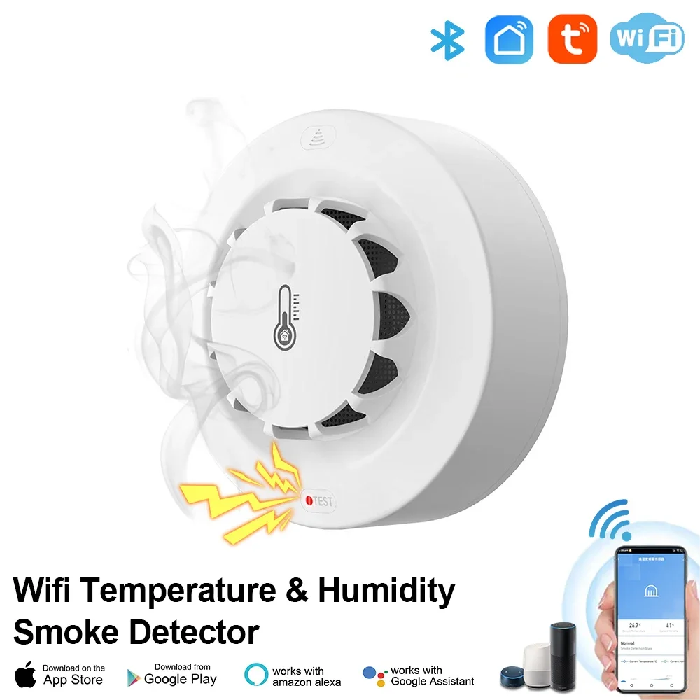 ONENUO WiFi Smoke Detector Alarm Fire Smoke with Temperature Humidity Detection 80dB Sound for Alexa Google Home Tuya Smart Life