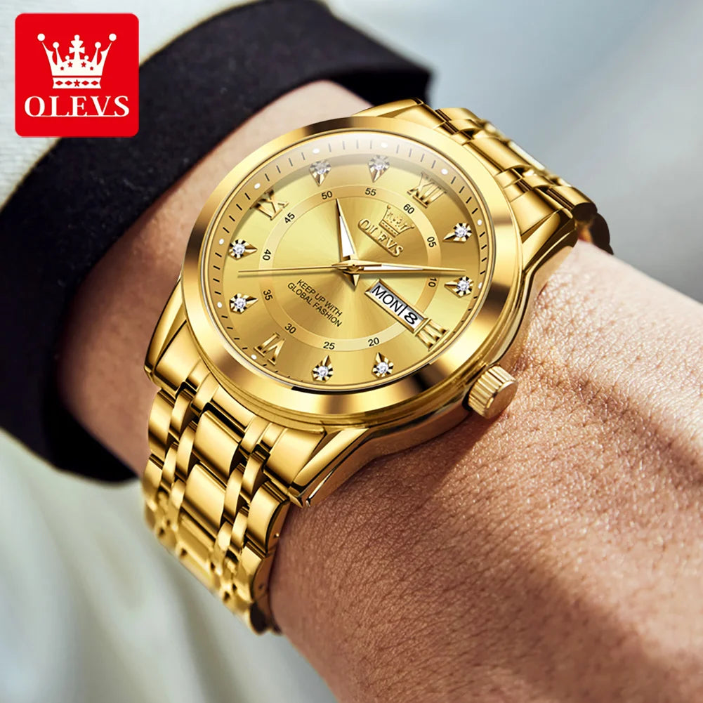 OLEVS Quartz Watch for Men Luxury Diamonds Gold Watch Waterproof Luminous Stainless Steel Business Men's Quartz Watch Mens Watch