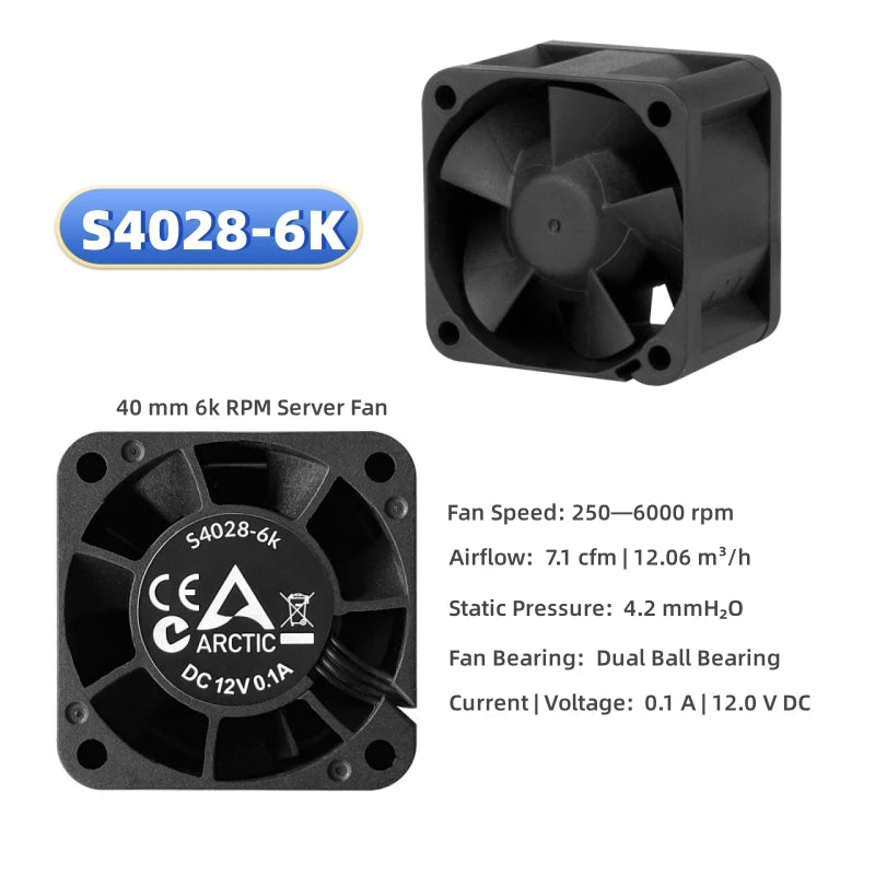 ARCTIC S4028 40x40x28mm Server Fan Double Ball Bearing 6000-15000 RPM 4-Pin 12V DC Black for Computer Hardware Cooling