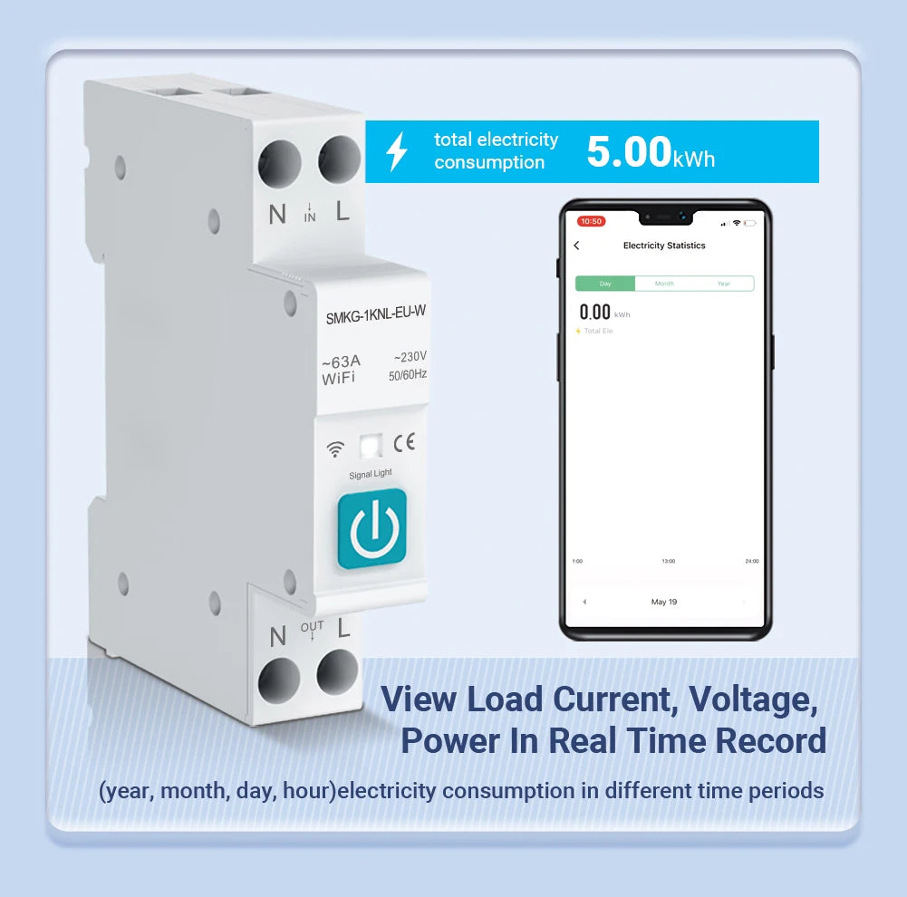 Tuya WIFI Smart Circuit Breaker 1P 10/16/25/32/40/63A DIN Rail With Metering Work With Smart Life Alexa Home Alice