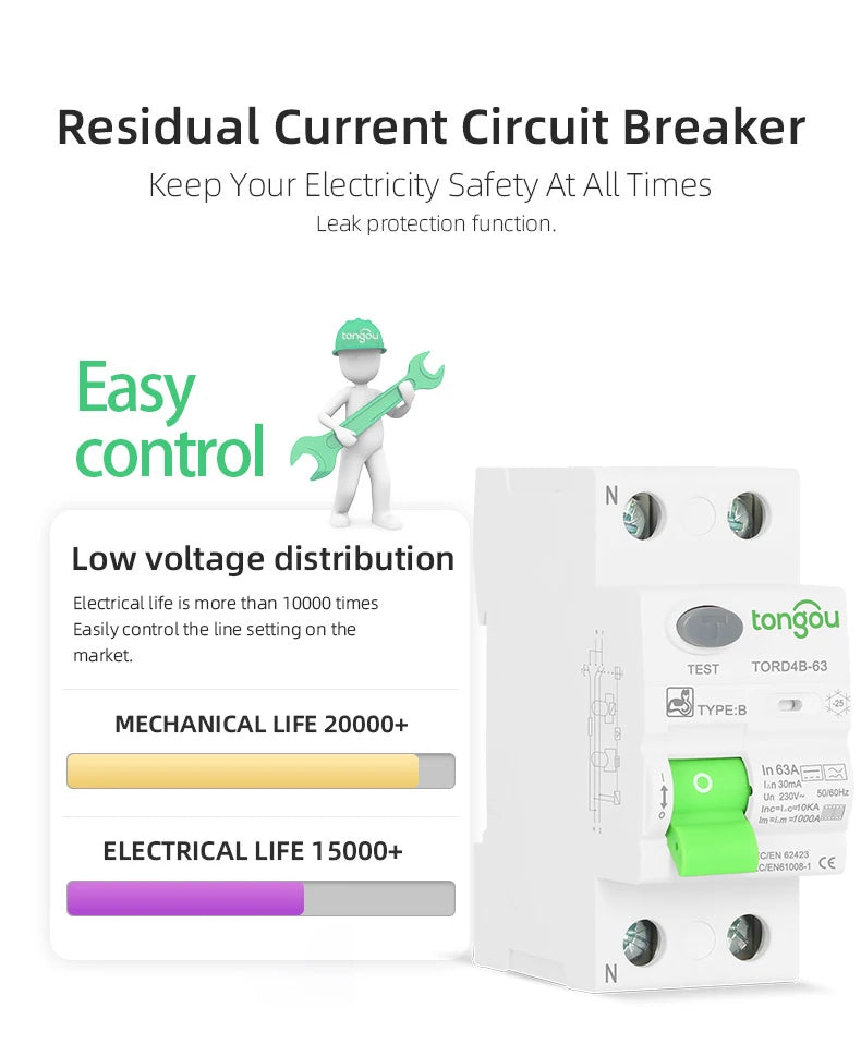 RCD RCCB Type B Earth Leakage Residual Current Circuit Breaker Evse 2P 4P AC 40a 63a 30ma 100ma 300ma 10KA Din Rail 230V TONGOU