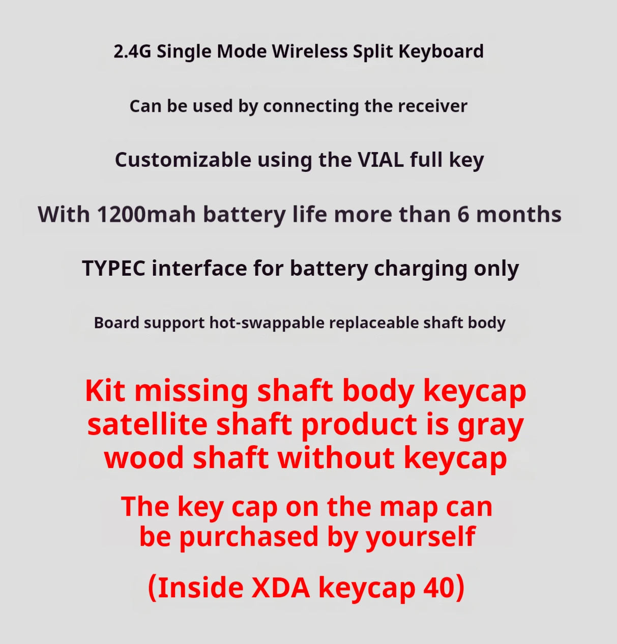 40% Wireless Split Keyboard 2.4G Connection DIY Support Hot Swappable VIAL Ergonomic Split Customization Gaming Keyboard Kit