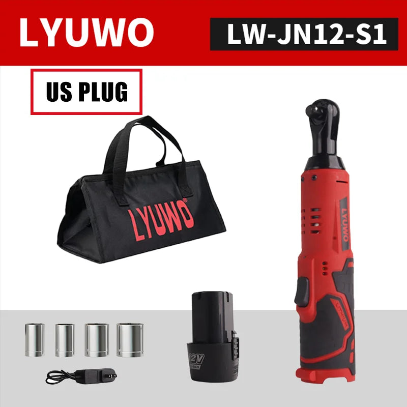 LYUWO 12V Cordless Right Angle Electric Wrench 45NM 3/8 Inch Ratchet Wrench Disassembly Nut Car Maintenance Tool With 4 Sockets