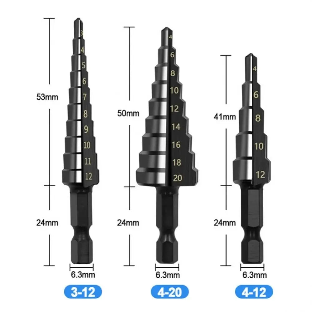 3PCS Hss Steel Titanium Coated Step Drill Bits 3 12mm 4 12mm 4 20mm Step Cone Cutting Tools Steel Wood Metal Drilling Power Set