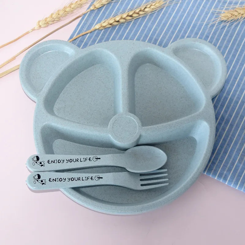 3pcs Wheat Straw Children's Compartment Dinner Plate Kindergarten Student Bear Tableware Set Children's Tableware Lunch Box