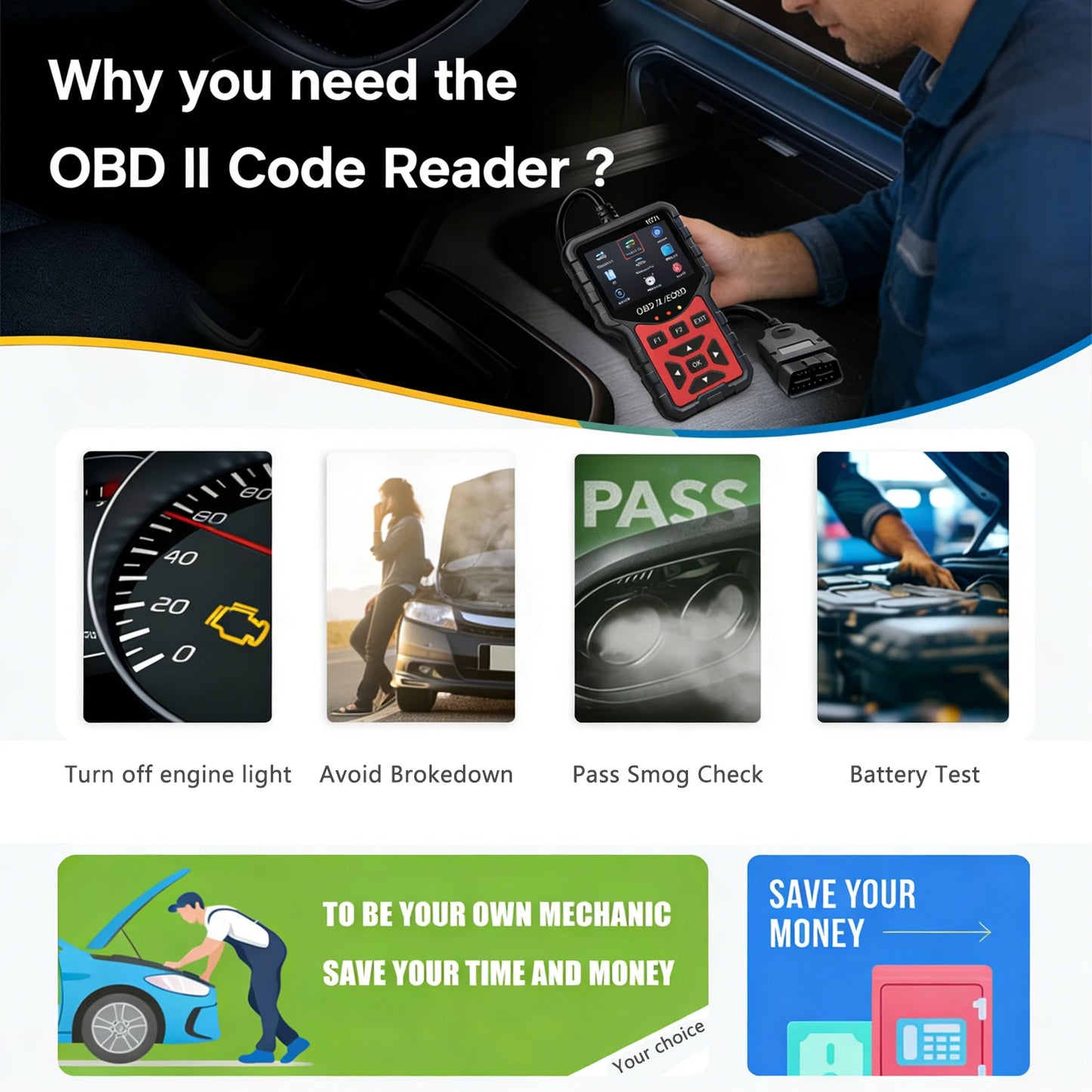 2025 Latest Obd2 Scanner Code Reader Car Engine Fault Scanner Can Diagnostic Scan Tool, Reads and Erases All Error Codes for Obdii/Eobd Protocol Vehicles after 1996, No Battery Required