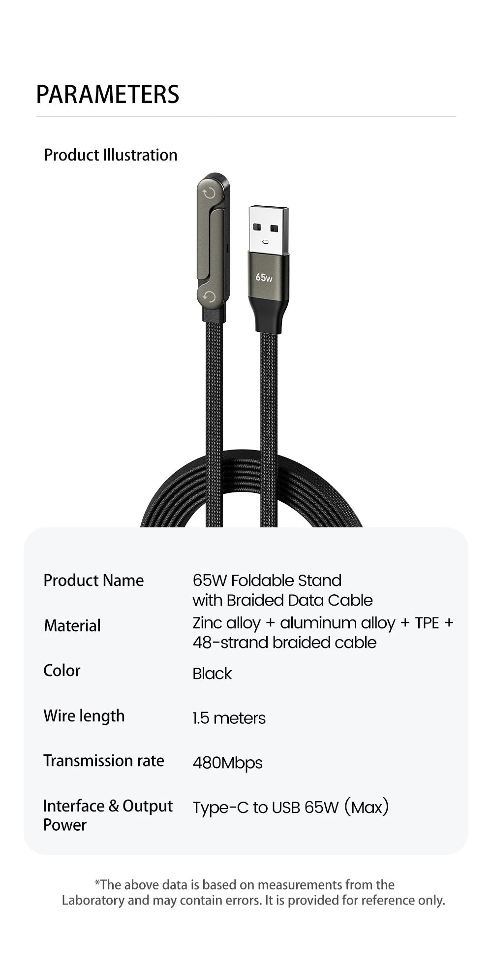 65W 2 in 1 USB A To USB C Fast Charging Foldable Phone Holder Data Cable USB Type C Builtin Desk Bracket Wire For Huawei Samsung