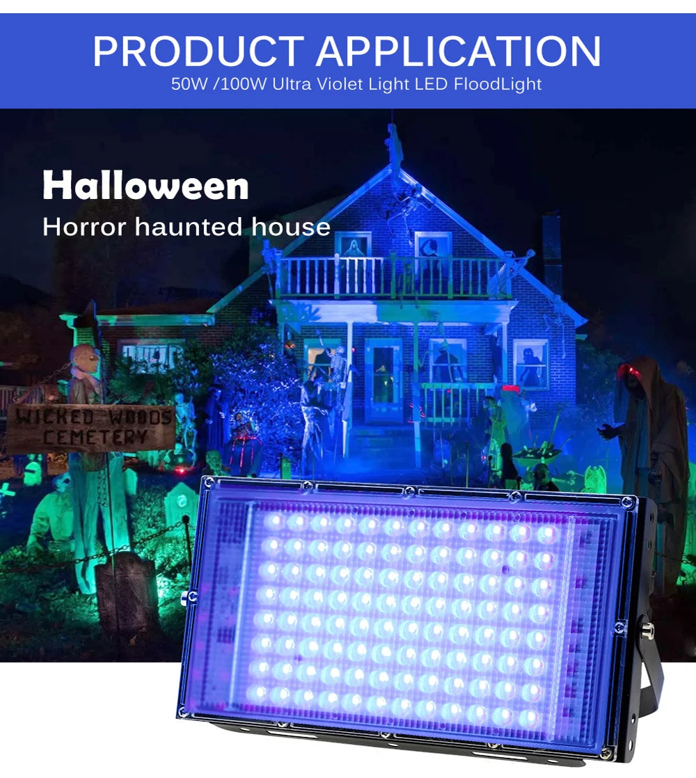UV Flood Light AC 220V 50W 100W LED Stage Blacklight Ultraviolet Flood Effect Light for Halloween Xmas Dance DJ Disco Party Bar