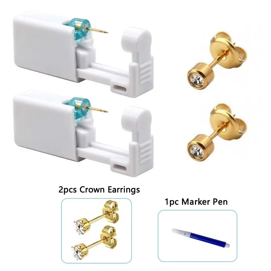 2PCS Disposable Ear Piercing Gun with Built-in Ear Studs & 2pcs Cubic Zirconia Earrings-For Home Use Ear Piercing Kit