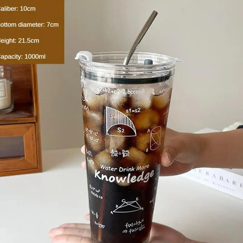 Utensils Cup With Lid And Stainless Steel Straw Milk Juice Mug 400-1000ml Large Capacity Mathematical Pattern Clear Glass Cup