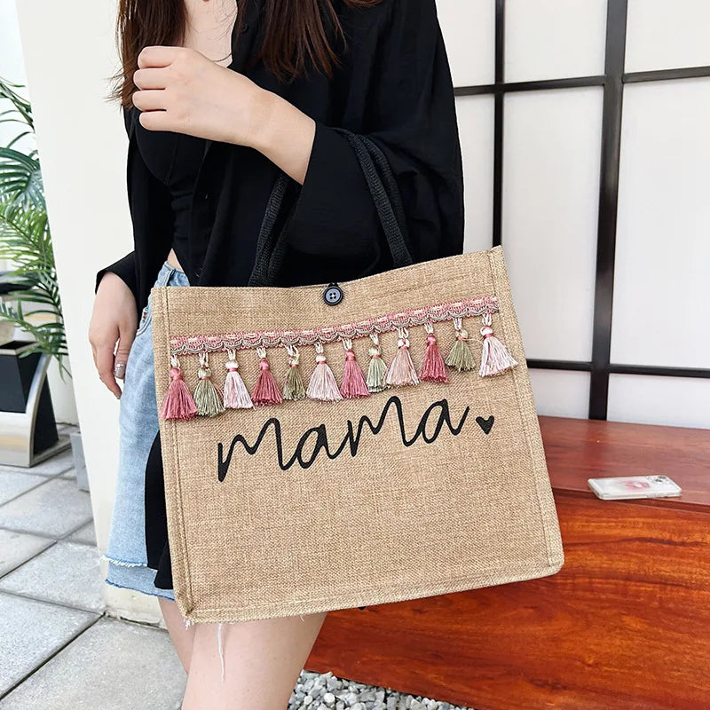 Women Large Capacity Tote Bag Mama Letter Printing Casual Fashion Linen Handbag Shopping Shoulder Bag Mother’s Day Gifts for Mom