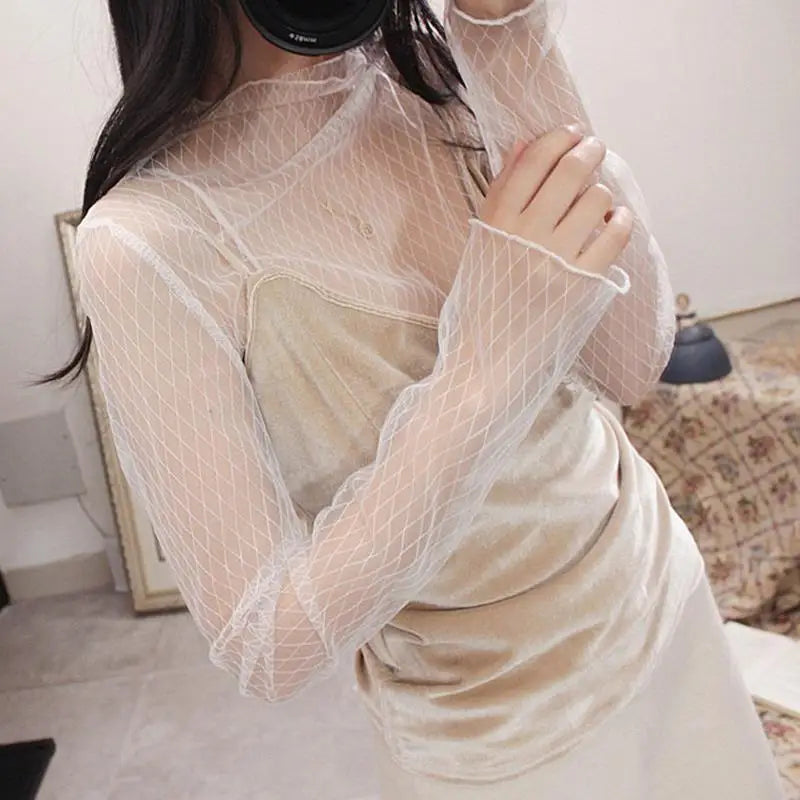 Sexy Women T Shirt See Through Mesh Blouses Long Sleeve Bottoming Shirts Turtleneck Spring Summer Sunscreen Tops Punk Club Tees