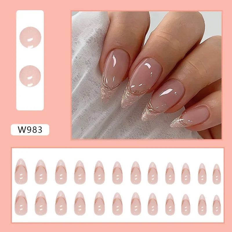 Gold Pink Wine Red 24 Pcs Fake Nail with Jelly sticker Press on False Nails Wearable Round Head Oval Full Cover Nail Tips