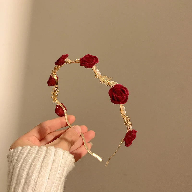 Ladies Elegant Rose Vine Headband Hair Accessories Headdress Girls Vintage Metal Flower Pearl Red Rose Tiara Hairbands
