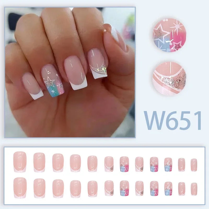 Black Ink Style Fake Nail with Jelly sticker Press on False Nails Wearable Round Head Oval Full Cover Nail Tips