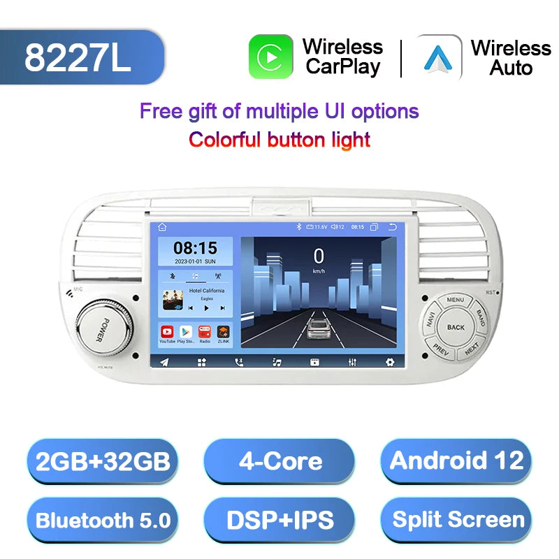 Junuse 7" Wireless Android Auto Carplay For Fiat 500 2007~2015 Android 13 Carplay GPS Navigation Multimedia Player White Black