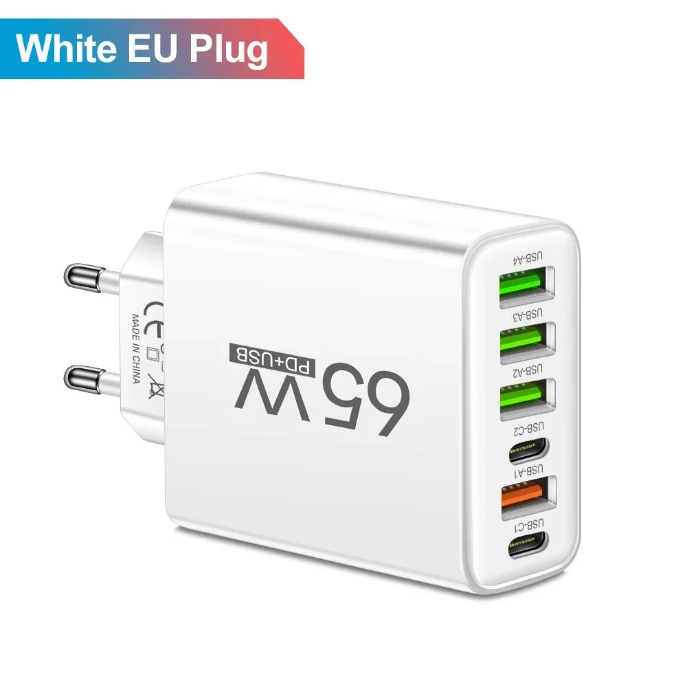 Multi Ports USB Charger 65W 6 in 1 Fast Charging Type C Phone Adapter For iPhone Samsung Xiaomi Huawei EU/US Plug Wall Charger