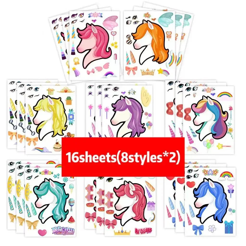 8/16Sheets Disney Micke Puzzle Stickers  Children DIY Make-a-Face Funny Assemble Jigsaw Cartoon Sticker Kids Educational Toys