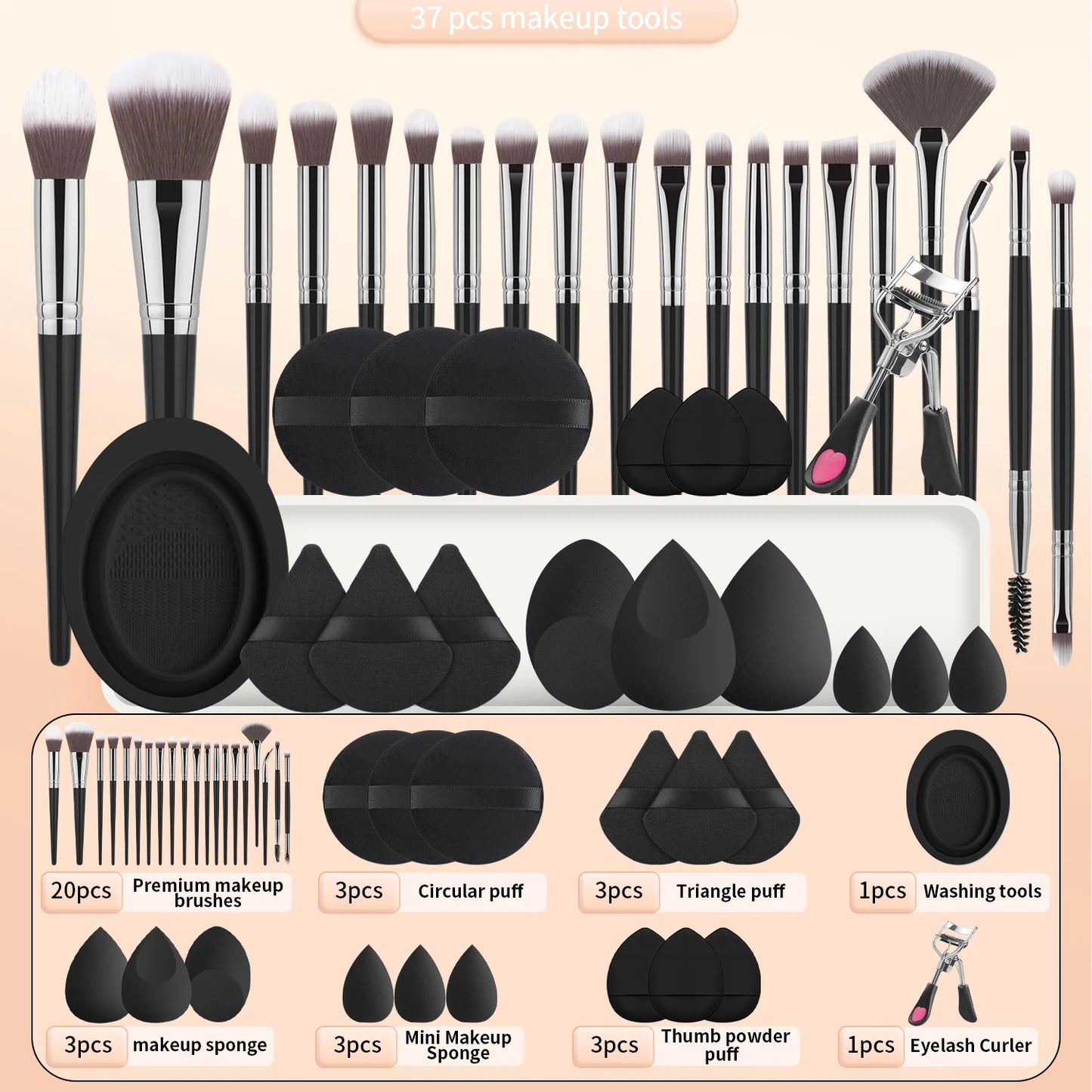 20 makeup brushes+3 round powder puffs+3 triangular powder puffs+3 beauty eggs+3 finger powder puffs+3 mini beauty eggs+1 washin