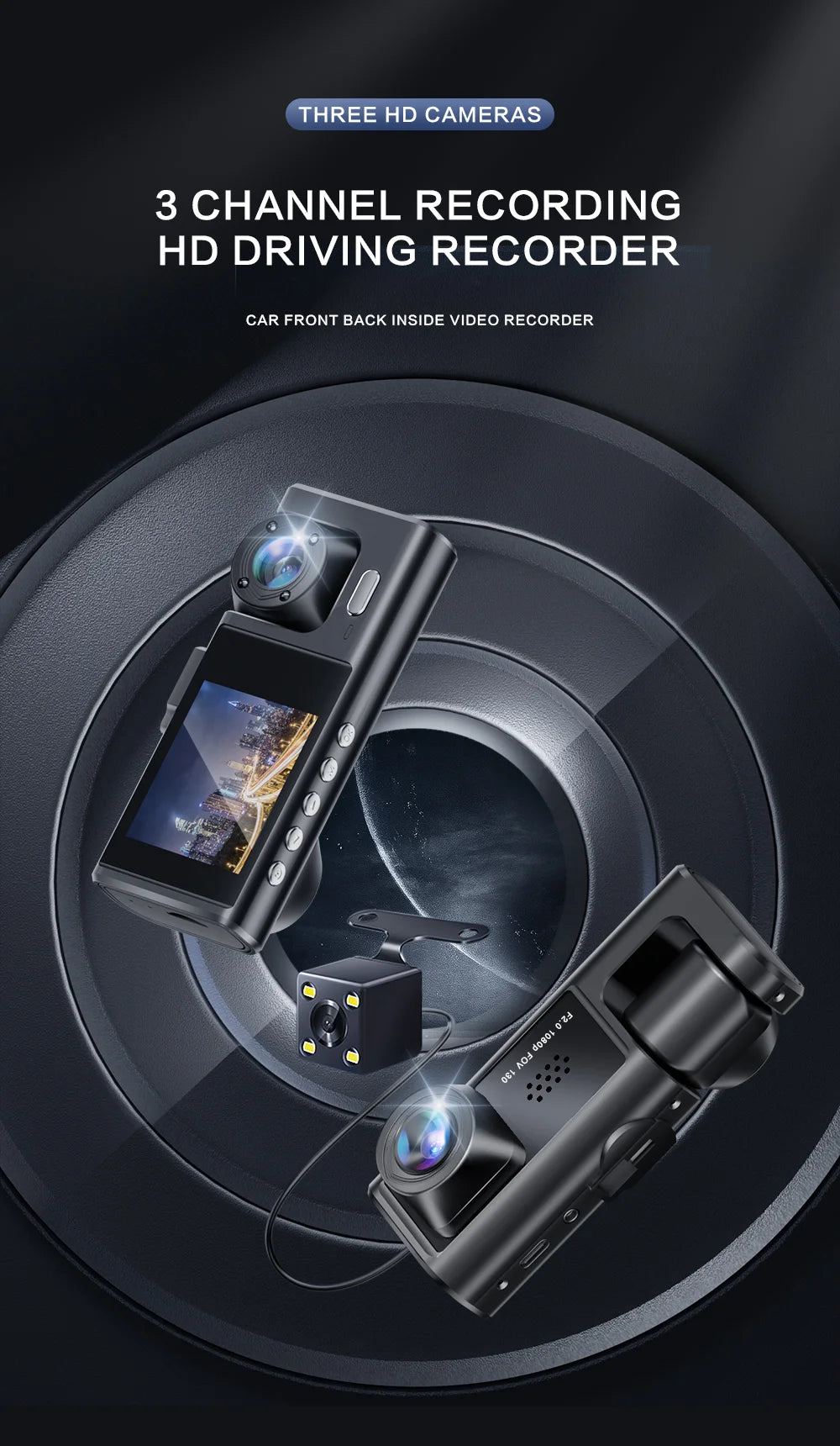 3 Camera Dash Cam W/ IR Night Vision Loop Recording & 2" IPS Screen 1080P  ， DVR recorder, video recorder, Vehicle DVR