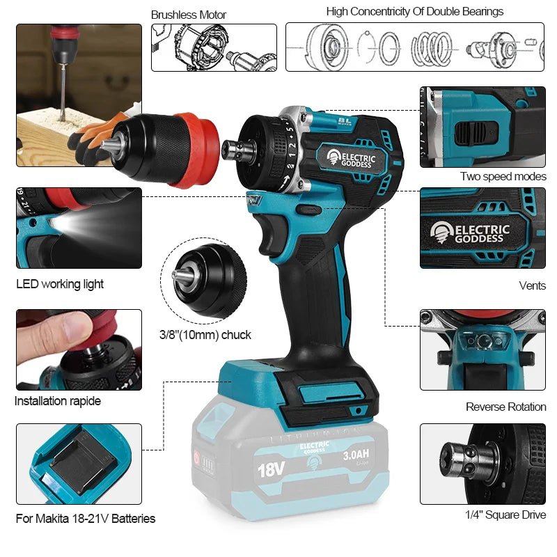 Cordless Brushless Electric Drill 10mm Multifunctional Home Screwdriver Home Improvement Handheld For Makita 18V Battery Pin
