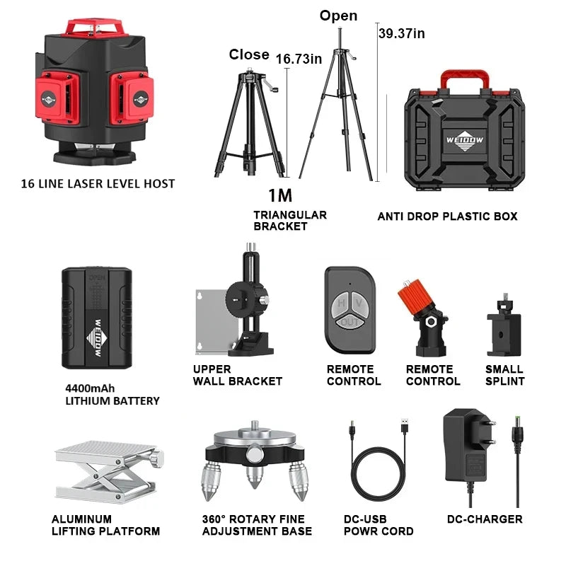 WEIDDW 4D 16 Lines 360°Self-leveling Laser Levels withTripod and Suitcase Horizontal And Vertical Professional Laser Level Tool