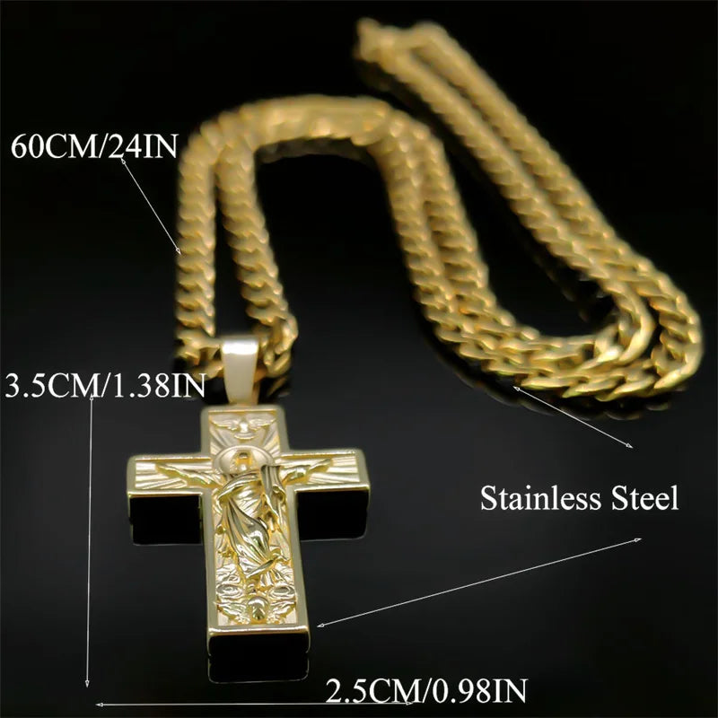 Stainless Steel Cross Jesus Pendant Necklace for Men Gold Color Hip Hop Cuban Chain Religious Crucifix Necklaces Jewelry NZZ470S